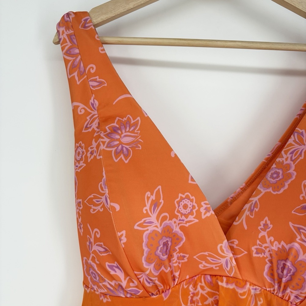 Calcique Swimsuit One Piece 22 Tie Back Skirt Floral Coral Cottage Beach Resort